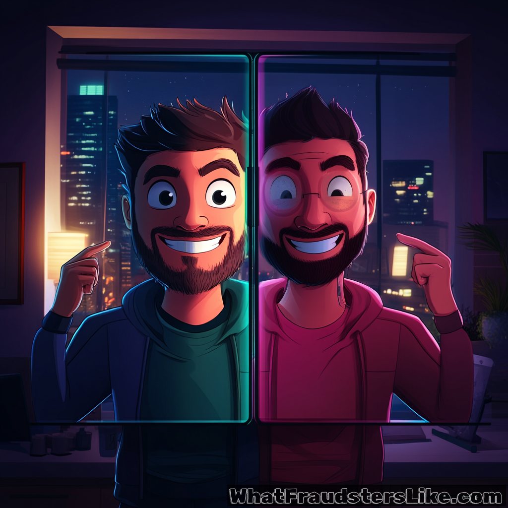 Two cartoon-style men, split by a vertical transparent pane, both smile and point towards themselves against a backdrop of a city skyline at night, with the man on the right appearing slightly older with glasses.